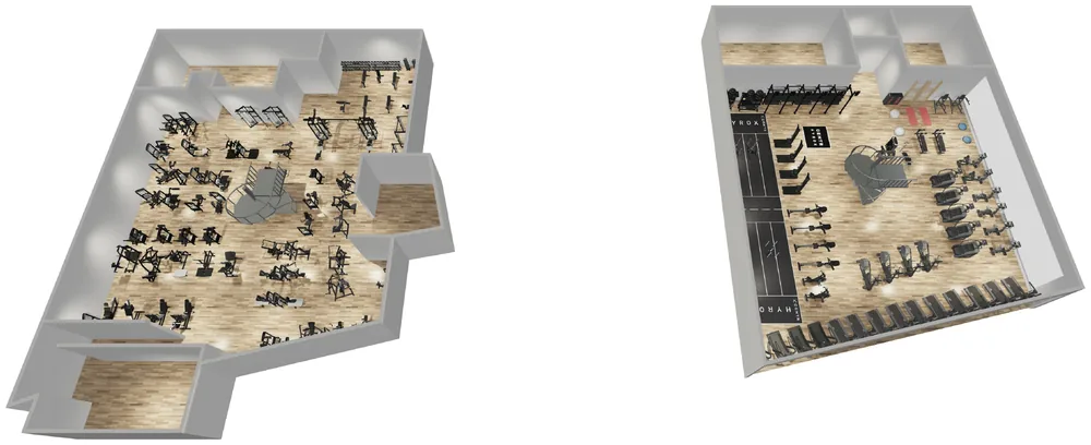 Planta 3D de uma academia inteira, vista de cima em ângulo