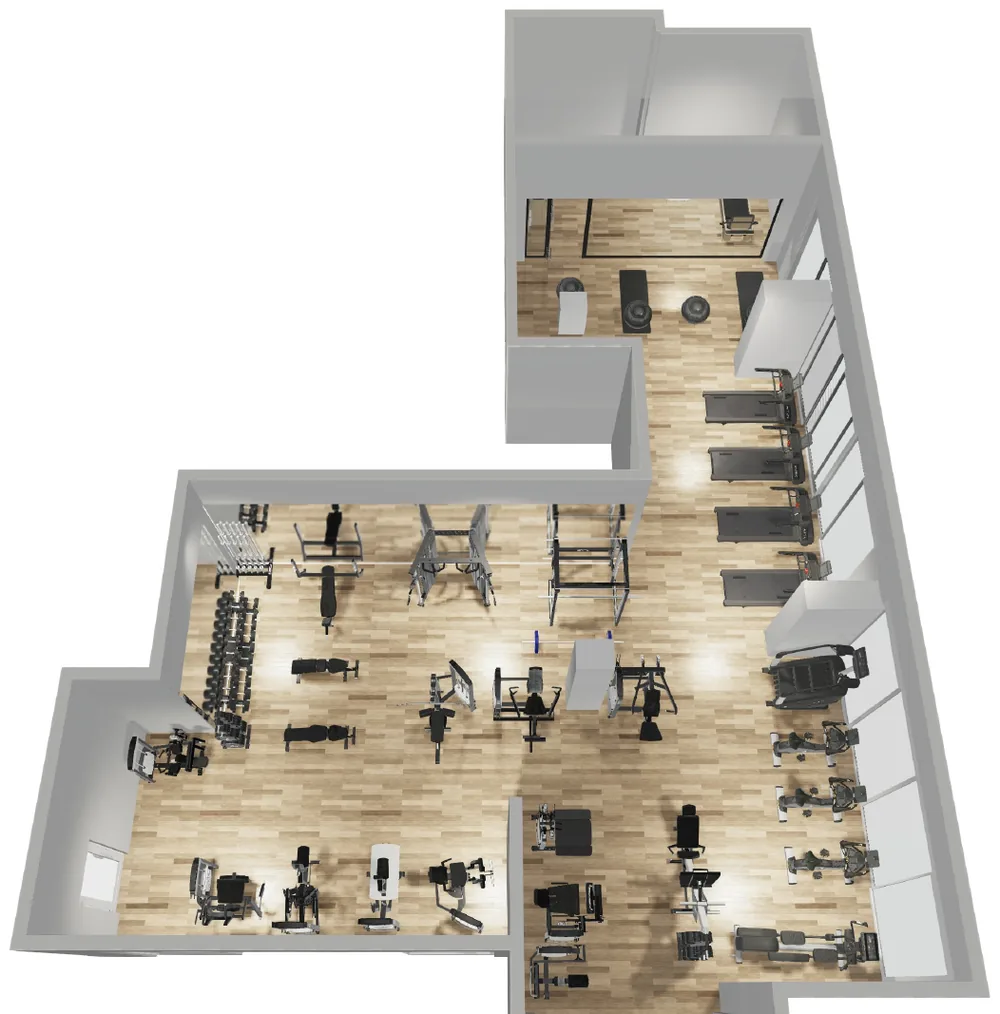 Planta 3D de uma academia em L, com áreas de musculação e funcional